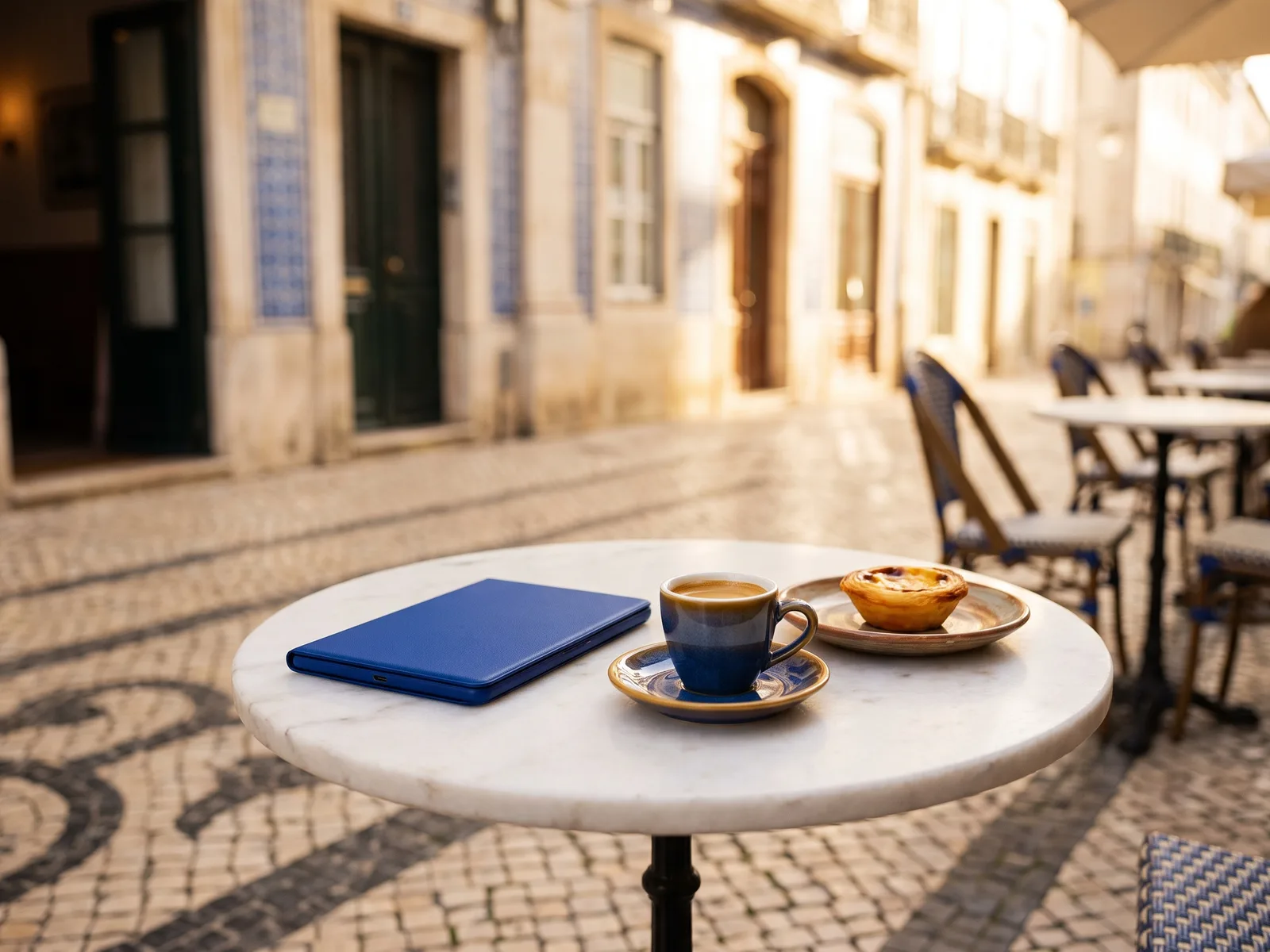 Leitor de ebooks numa mesa de esplanada com café e pastel de nata
